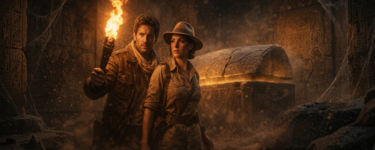Zwei Abenteurer stehen in einer fackelbeleuchteten Grabkammer vor einem aufbrechenden Sarkophag – Symbolmotiv zur Mumie-Rückkehr 2028.