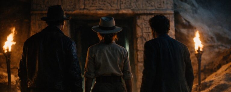 Rick, Evelyn und Jonathan stehen in einer Wüstennacht vor einer halb freigelegten Tempelruine, bereit für ein neues Mumienabenteuer.