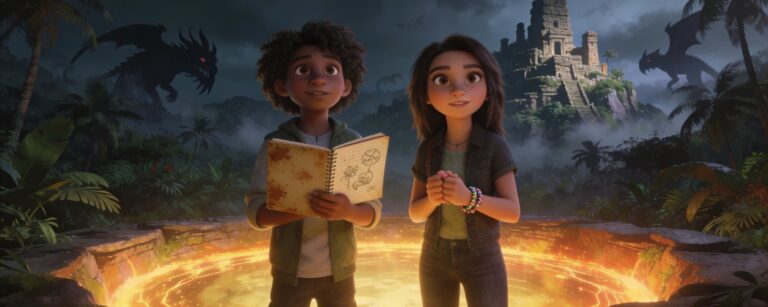 Zwei Freundinnen vor einem leuchtenden Portal, dahinter die mystische Insel Nakali mit Kreaturen aus philippinischen Mythen.