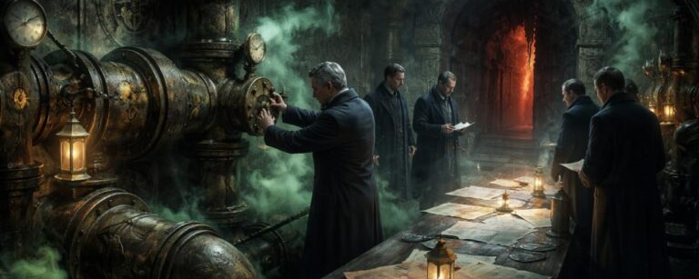 Geheimer Gaskeller mit schweren Rohrleitungen, grünem Gasnebel und mehreren Männern an Karten und Papieren, während ein Ventil zu einem unheimlichen Zugang im Hintergrund geöffnet wird.