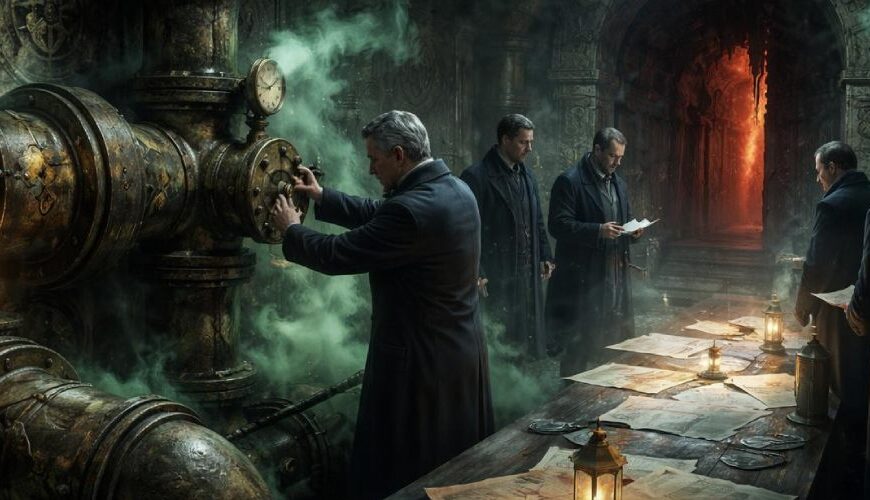 Geheimer Gaskeller mit schweren Rohrleitungen, grünem Gasnebel und mehreren Männern an Karten und Papieren, während ein Ventil zu einem unheimlichen Zugang im Hintergrund geöffnet wird.