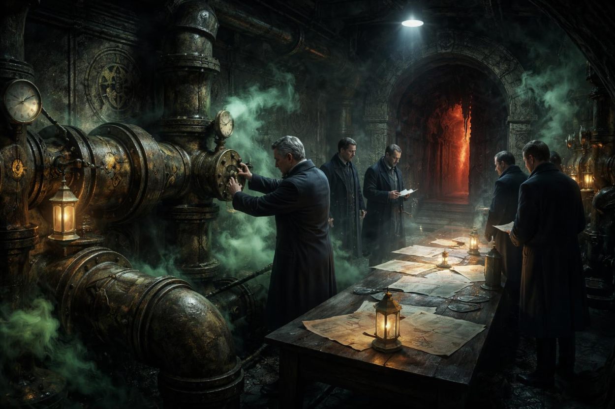 Geheimer Gaskeller mit schweren Rohrleitungen, grünem Gasnebel und mehreren Männern an Karten und Papieren, während ein Ventil zu einem unheimlichen Zugang im Hintergrund geöffnet wird.