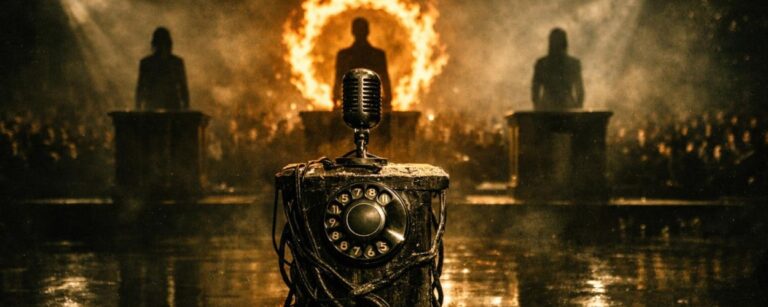 Ritualhaftes Telefonorakel mit Wählscheibe und Mikrofon im Kreidekreis, dahinter drei Silhouetten auf Podesten, mittig ein flammender Feuerkranz.