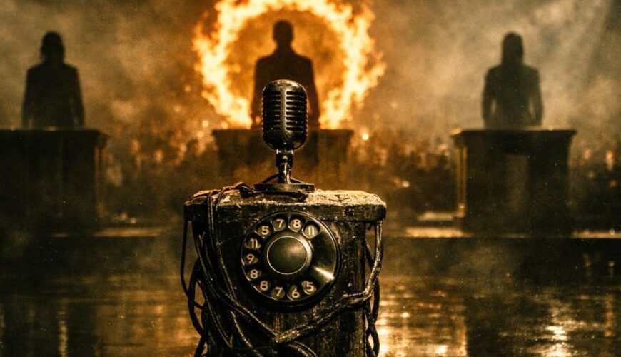 Ritualhaftes Telefonorakel mit Wählscheibe und Mikrofon im Kreidekreis, dahinter drei Silhouetten auf Podesten, mittig ein flammender Feuerkranz.