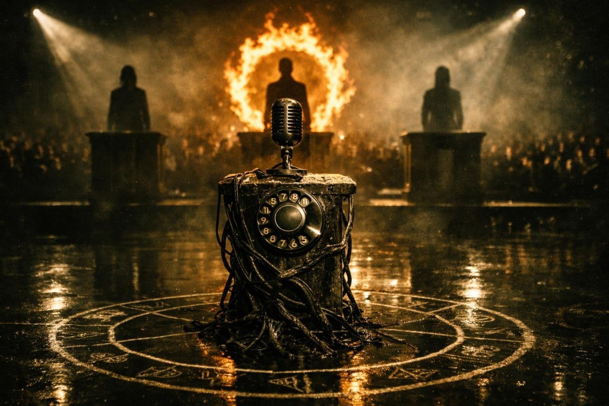 Ritualhaftes Telefonorakel mit Wählscheibe und Mikrofon im Kreidekreis, dahinter drei Silhouetten auf Podesten, mittig ein flammender Feuerkranz.