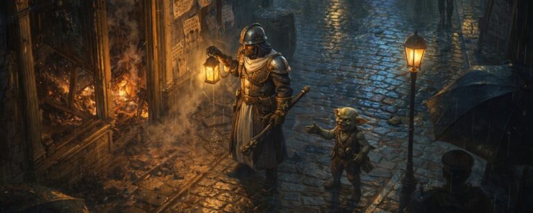 Ein behelmter Kleriker und ein Goblin untersuchen nachts eine zerstörte Teestube in einer regennassen Arkanpunk-Stadt – Motiv zu Esoteric Ebb.