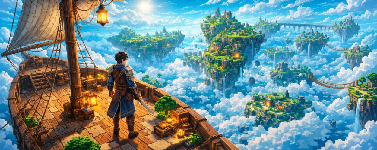 Fantasy-Spielszene über den Wolken: Ein Abenteurer steht auf einem fliegenden Insel-Schiff und blickt über schwebende Felsen, Luftwege und eine helle Himmelslandschaft.