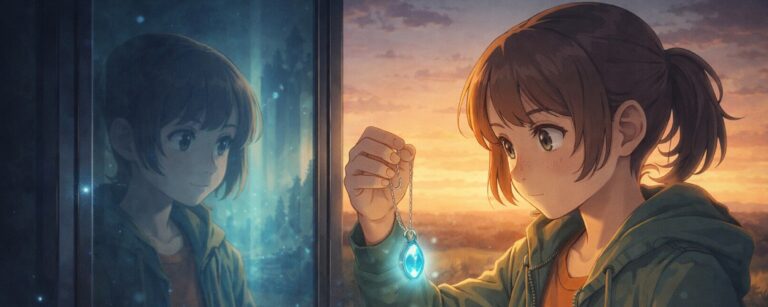 Junge Heldin hält ein blau leuchtendes Amulett über einem offenen Buch, im dunklen Portal daneben spiegelt sich ihr Gesicht im kalten Magielicht.