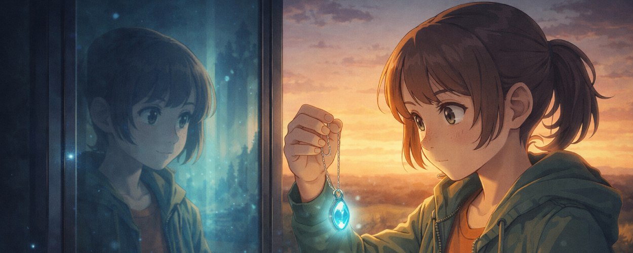 Junge Heldin hält ein blau leuchtendes Amulett über einem offenen Buch, im dunklen Portal daneben spiegelt sich ihr Gesicht im kalten Magielicht.