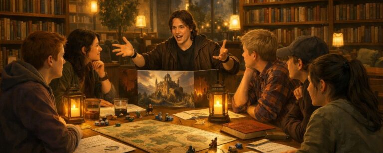 Fantastische Rollenspielszene in einer modernen Bibliothek: Jugendliche und junge Erwachsene sitzen an einem Tisch mit Würfeln, Charakterbögen und Karten, während zwischen hohen Bücherregalen eine warme Abenteuerstimmung entsteht.