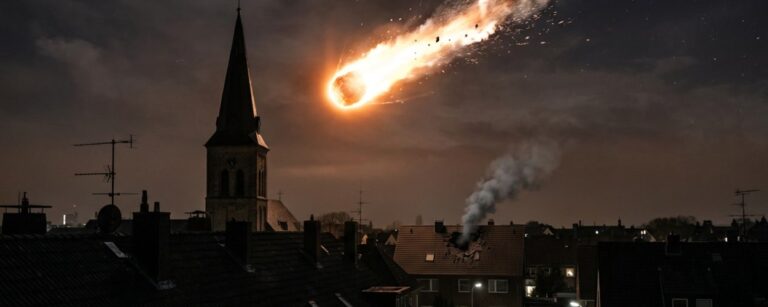 Glühender Feuerball am Nachthimmel über einem Wohngebiet in NRW, neben einem Kirchturm, Rauch steigt aus einem beschädigten Hausdach auf, Menschen stehen auf der Straße.