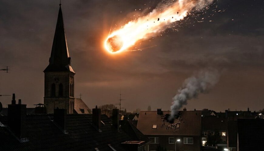 Glühender Feuerball am Nachthimmel über einem Wohngebiet in NRW, neben einem Kirchturm, Rauch steigt aus einem beschädigten Hausdach auf, Menschen stehen auf der Straße.