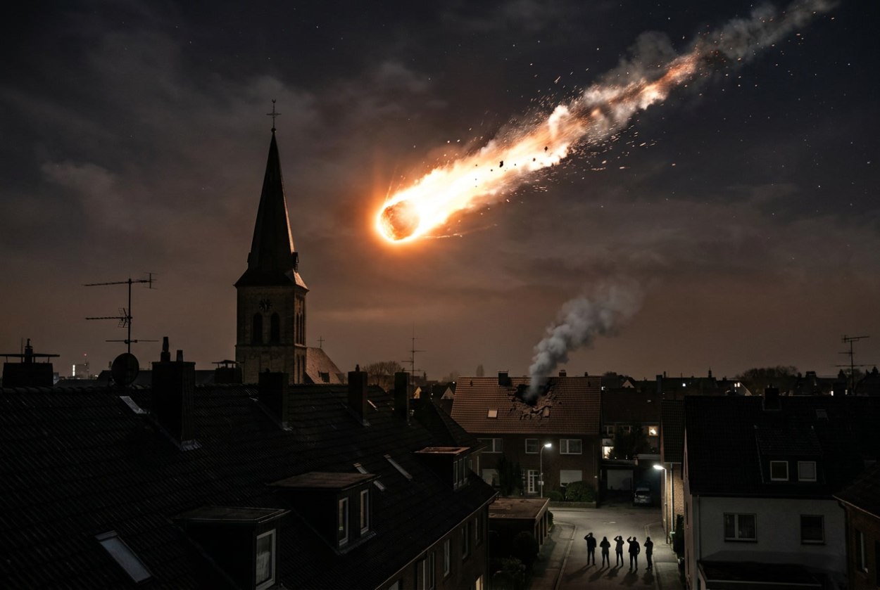 Glühender Feuerball am Nachthimmel über einem Wohngebiet in NRW, neben einem Kirchturm, Rauch steigt aus einem beschädigten Hausdach auf, Menschen stehen auf der Straße.