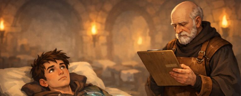 Ein blasser Fantasyheld liegt auf einem magischen Untersuchungstisch, während ein Arzt und eine Schwester in einer fantastischen Figurenklinik seine Charakterakte prüfen.