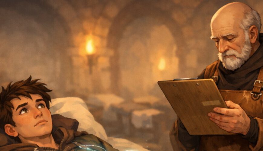 Ein blasser Fantasyheld liegt auf einem magischen Untersuchungstisch, während ein Arzt und eine Schwester in einer fantastischen Figurenklinik seine Charakterakte prüfen.