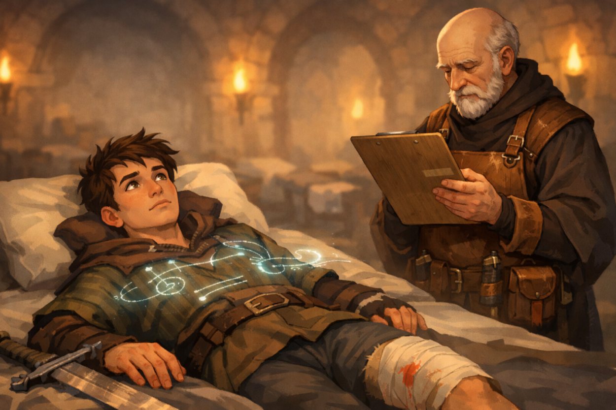 Ein blasser Fantasyheld liegt auf einem magischen Untersuchungstisch, während ein Arzt und eine Schwester in einer fantastischen Figurenklinik seine Charakterakte prüfen.