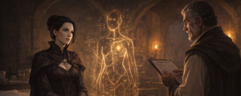 Eine elegante dunkle Schurkin sitzt in einer Fantasy-Klinik auf einer Liege, während ein alter Arzt sie mit Klemmbrett und magischem Charakterscan untersucht.