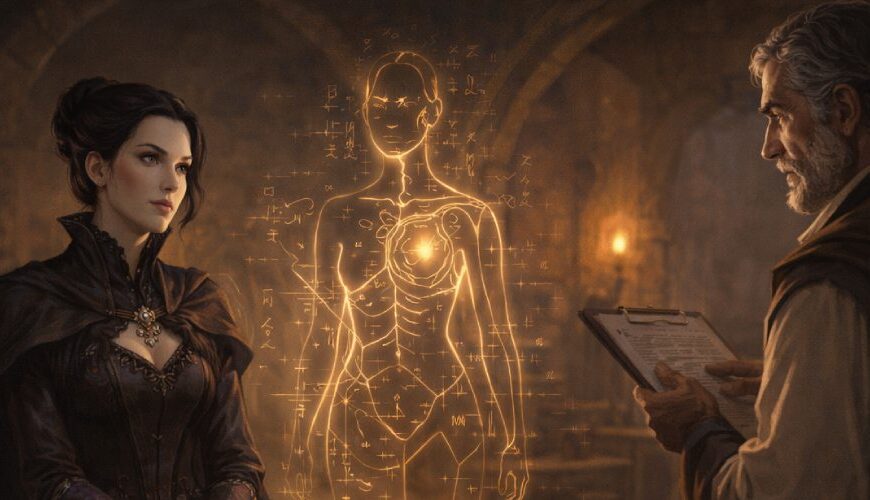 Eine elegante dunkle Schurkin sitzt in einer Fantasy-Klinik auf einer Liege, während ein alter Arzt sie mit Klemmbrett und magischem Charakterscan untersucht.