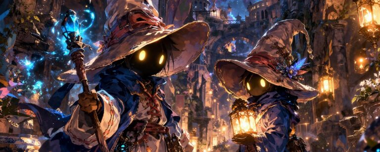 Düstere Fantasy-Anime-Szene: Zwei kleine Schwarzmagier mit breiten Hüten und leuchtenden Augen stehen nachts in einer steinernen Gasse von Alexandria vor geheimnisvollem blauen Licht.