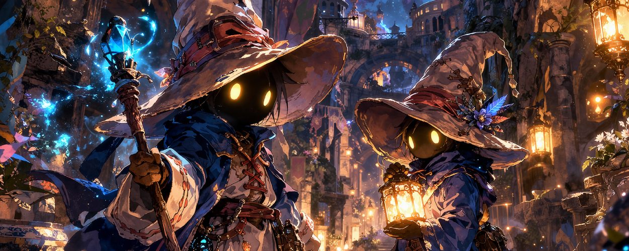 Düstere Fantasy-Anime-Szene: Zwei kleine Schwarzmagier mit breiten Hüten und leuchtenden Augen stehen nachts in einer steinernen Gasse von Alexandria vor geheimnisvollem blauen Licht.