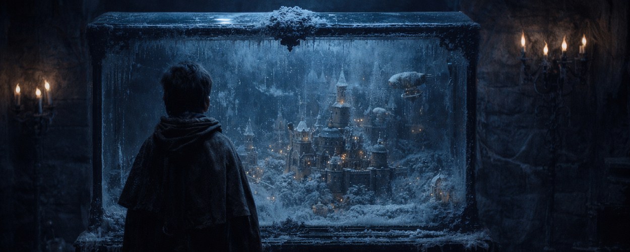 Eine melancholische Fantasy-Figur steht vor einer gefrorenen Kristallvitrine, in der eine alte Abenteuerwelt wie konserviert ruht.