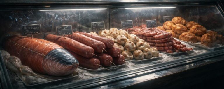Düster beleuchtete Fleischtheke mit einem ernsten Metzger und seltsamen Produkten, darunter ein riesiger Fisch in Salami-Form, Würste, Bällchen und panierte Snacks.