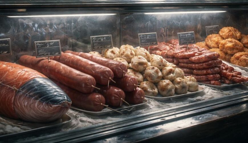Düster beleuchtete Fleischtheke mit einem ernsten Metzger und seltsamen Produkten, darunter ein riesiger Fisch in Salami-Form, Würste, Bällchen und panierte Snacks.