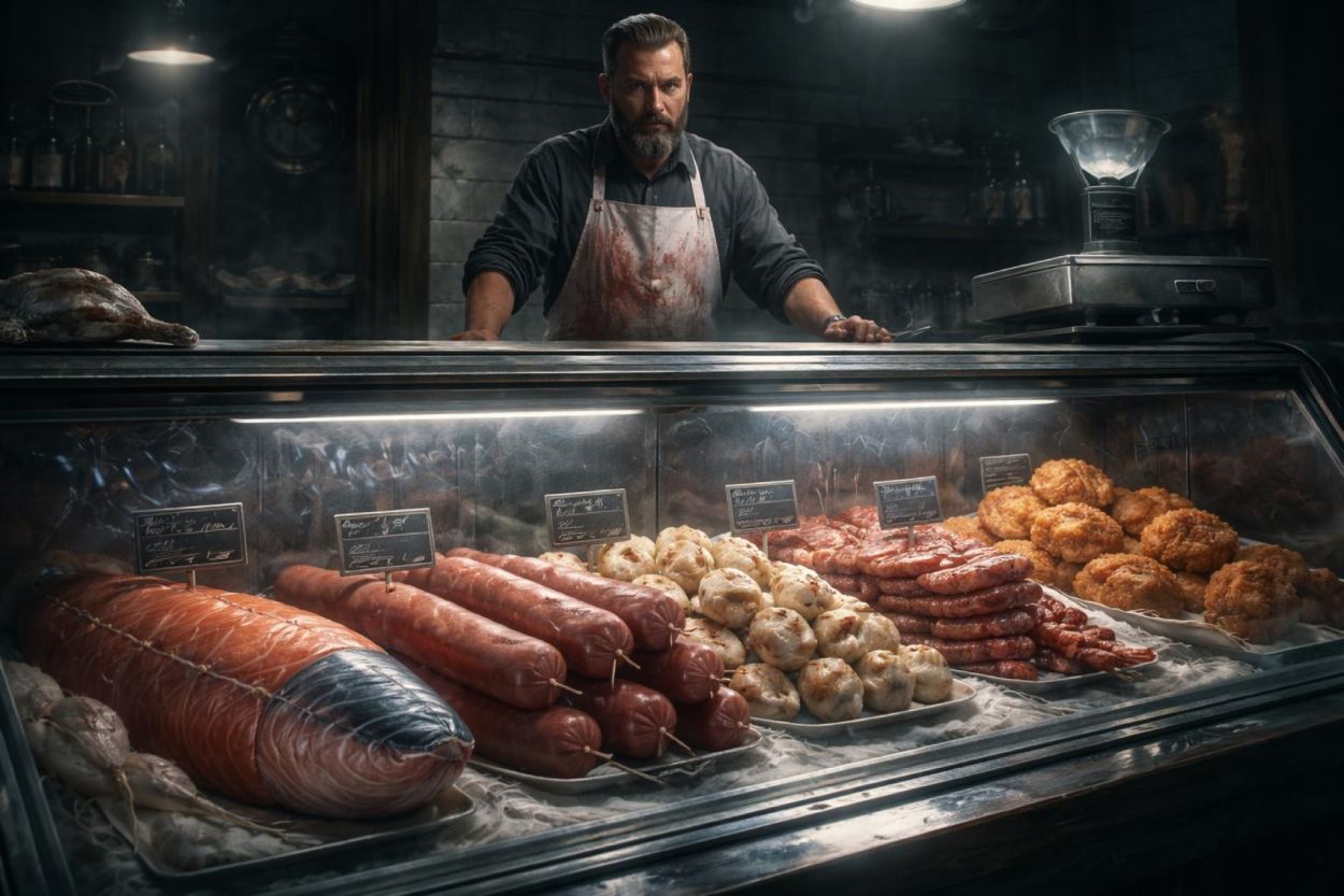 Düster beleuchtete Fleischtheke mit einem ernsten Metzger und seltsamen Produkten, darunter ein riesiger Fisch in Salami-Form, Würste, Bällchen und panierte Snacks.