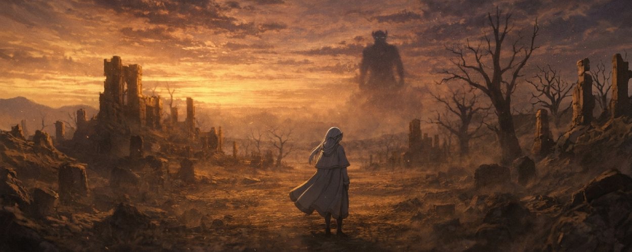 Frieren steht in einer goldenen Ruinenlandschaft dem Dämon Macht gegenüber.