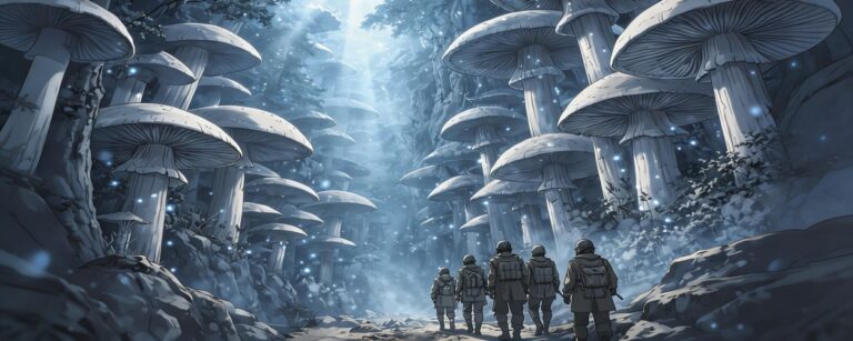 Riesige, blass leuchtende Pilze ragen wie Kathedralen in den Himmel, während eine kleine Menschengruppe darunter durch Nebel marschiert – Motiv zu Fungus and Iron.