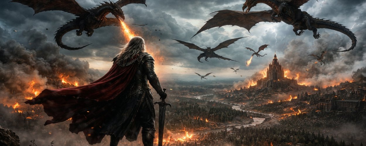 Düstere Fantasy-Szene: Ein gepanzerter Eroberer mit rotem Umhang steht auf einer Felsklippe und blickt über ein brennendes Reich, während mehrere Drachen am Gewitterhimmel über einer belagerten Festung kreisen.