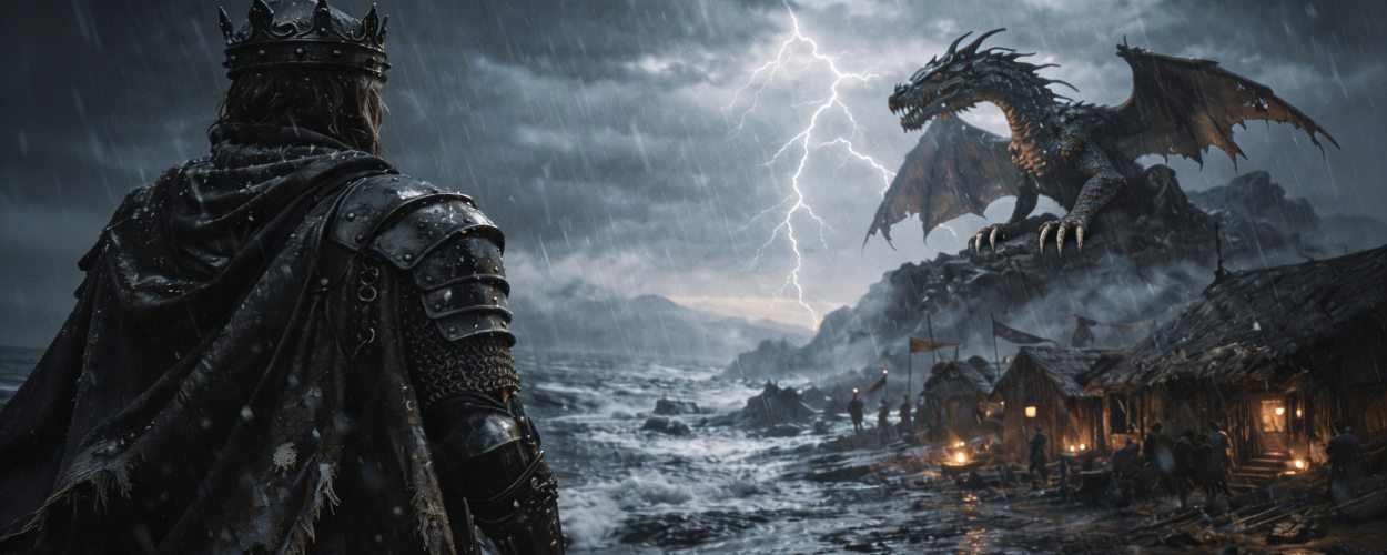 Ein Eroberer in dunkler Rüstung blickt über Westeros, während hinter ihm ein Drache im Sturm aufragt – Symbolmotiv zum geplanten Game-of-Thrones-Kinofilm.