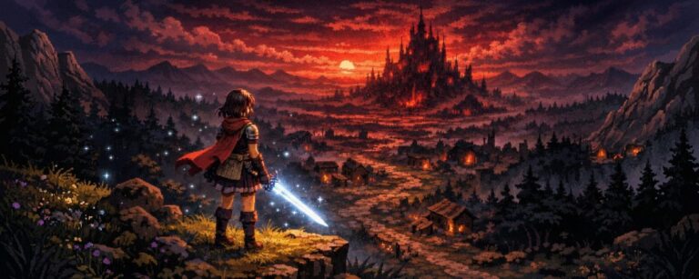 Heldin aus Ghostforged mit leuchtendem Schwert über einer düsteren Pixel-Fantasywelt.