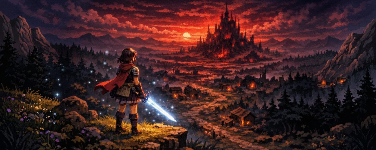 Heldin aus Ghostforged mit leuchtendem Schwert über einer düsteren Pixel-Fantasywelt.