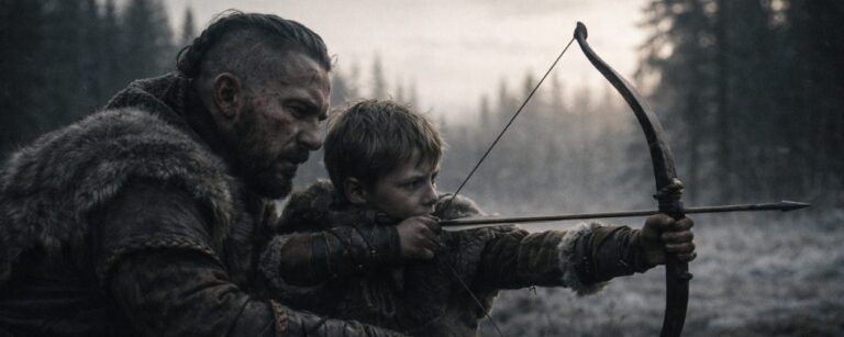Ein Krieger und sein Sohn im nebligen nordischen Wald beim Bogentraining – Symbolmotiv zur Debatte um Amazons erstes God-of-War-Setfoto.