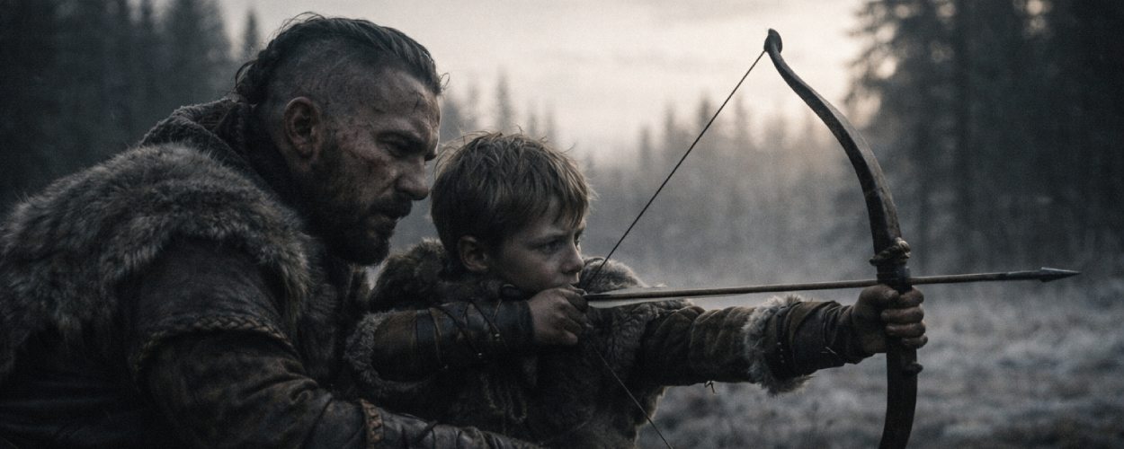 Ein Krieger und sein Sohn im nebligen nordischen Wald beim Bogentraining – Symbolmotiv zur Debatte um Amazons erstes God-of-War-Setfoto.