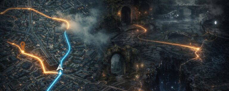Geteilte Kartenansicht: links eine moderne Stadtkarte mit leuchtenden Navigationsrouten und Markierungen, rechts eine düstere Zwischenreichslandschaft mit Torbögen, Brücken, Nebelpfaden und einem tiefen leuchtenden Riss, in den eine Route hineinführt.