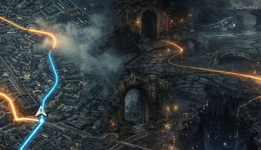 Geteilte Kartenansicht: links eine moderne Stadtkarte mit leuchtenden Navigationsrouten und Markierungen, rechts eine düstere Zwischenreichslandschaft mit Torbögen, Brücken, Nebelpfaden und einem tiefen leuchtenden Riss, in den eine Route hineinführt.