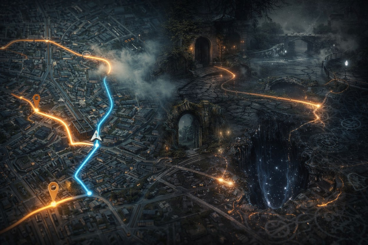 Geteilte Kartenansicht: links eine moderne Stadtkarte mit leuchtenden Navigationsrouten und Markierungen, rechts eine düstere Zwischenreichslandschaft mit Torbögen, Brücken, Nebelpfaden und einem tiefen leuchtenden Riss, in den eine Route hineinführt.
