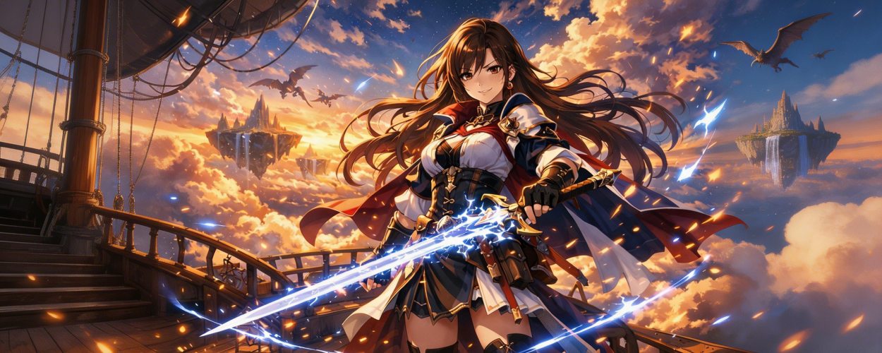 Beatrix aus Granblue Fantasy: Relink – Endless Ragnarok steht mit leuchtendem Schwert auf einem Luftschiff über einer Fantasy-Himmelswelt.
