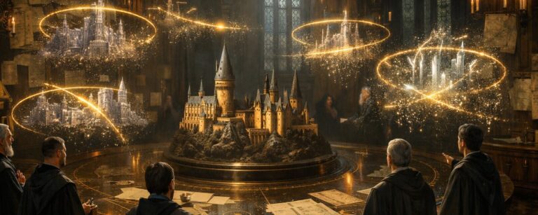 Ein magisches Franchise-Schaubild zerfällt über einem leuchtenden Harry-Potter-Buch in einer düsteren Hogwarts-Halle.