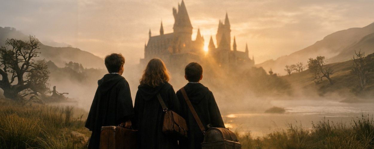 Hogwarts im Morgennebel mit dem neuen Trio auf dem Weg ins Schloss, filmisch und realistisch inszeniert.