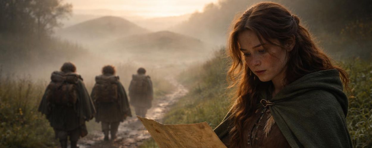 Drei gealterte Hobbits wandern im Morgengrauen einen bekannten Pfad entlang, während im Nebel ein Hügelgrab droht und Elanor eine Karte mit einem versiegelten Brief prüft.