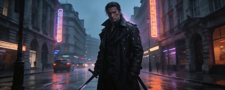 Henry Cavill als Connor MacLeod im Highlander-Reboot auf düsterer Londoner Straße mit Narbe und schwarzem Mantel.