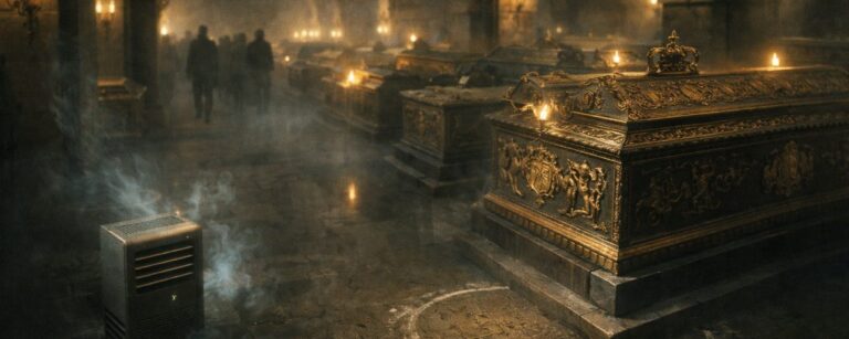 Sanfte, düstere Krypta mit Reihen prunkvoller Sarkophage: vorn ein reich verzierter Sarg im Kreide-Bannkreis, links ein modernes Entfeuchtungsgerät mit kaltem Dunst, im Hintergrund Besucher-Silhouetten.