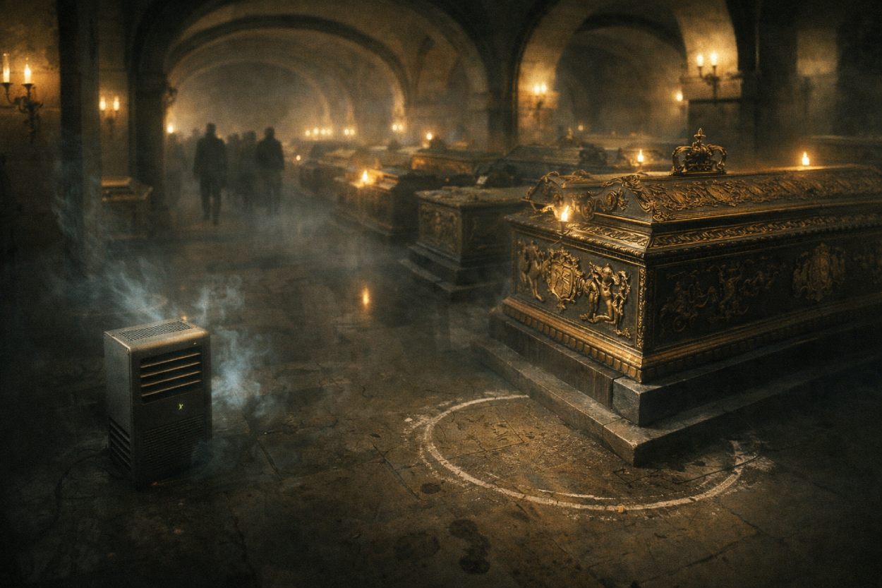 Sanfte, düstere Krypta mit Reihen prunkvoller Sarkophage: vorn ein reich verzierter Sarg im Kreide-Bannkreis, links ein modernes Entfeuchtungsgerät mit kaltem Dunst, im Hintergrund Besucher-Silhouetten.