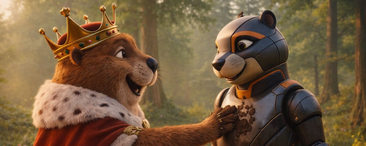 Animierte Szene: Ein Biberkönig ernennt eine junge Frau im Biberkörper zur „Paw of the King“, während ein Pfotenabzeichen auf der Brust prangt.