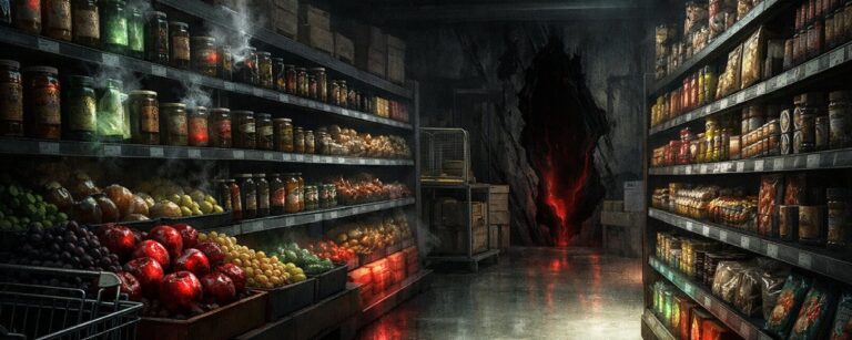 Düsteres Fantasy-Bild eines deutschen Supermarkts mit voll gefüllten Regalen, seltsamen Lebensmitteln und unheimlichem Licht aus einem verborgenen Zwischenreich.
