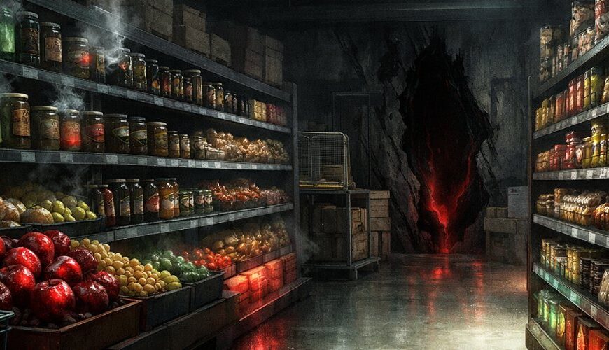 Düsteres Fantasy-Bild eines deutschen Supermarkts mit voll gefüllten Regalen, seltsamen Lebensmitteln und unheimlichem Licht aus einem verborgenen Zwischenreich.
