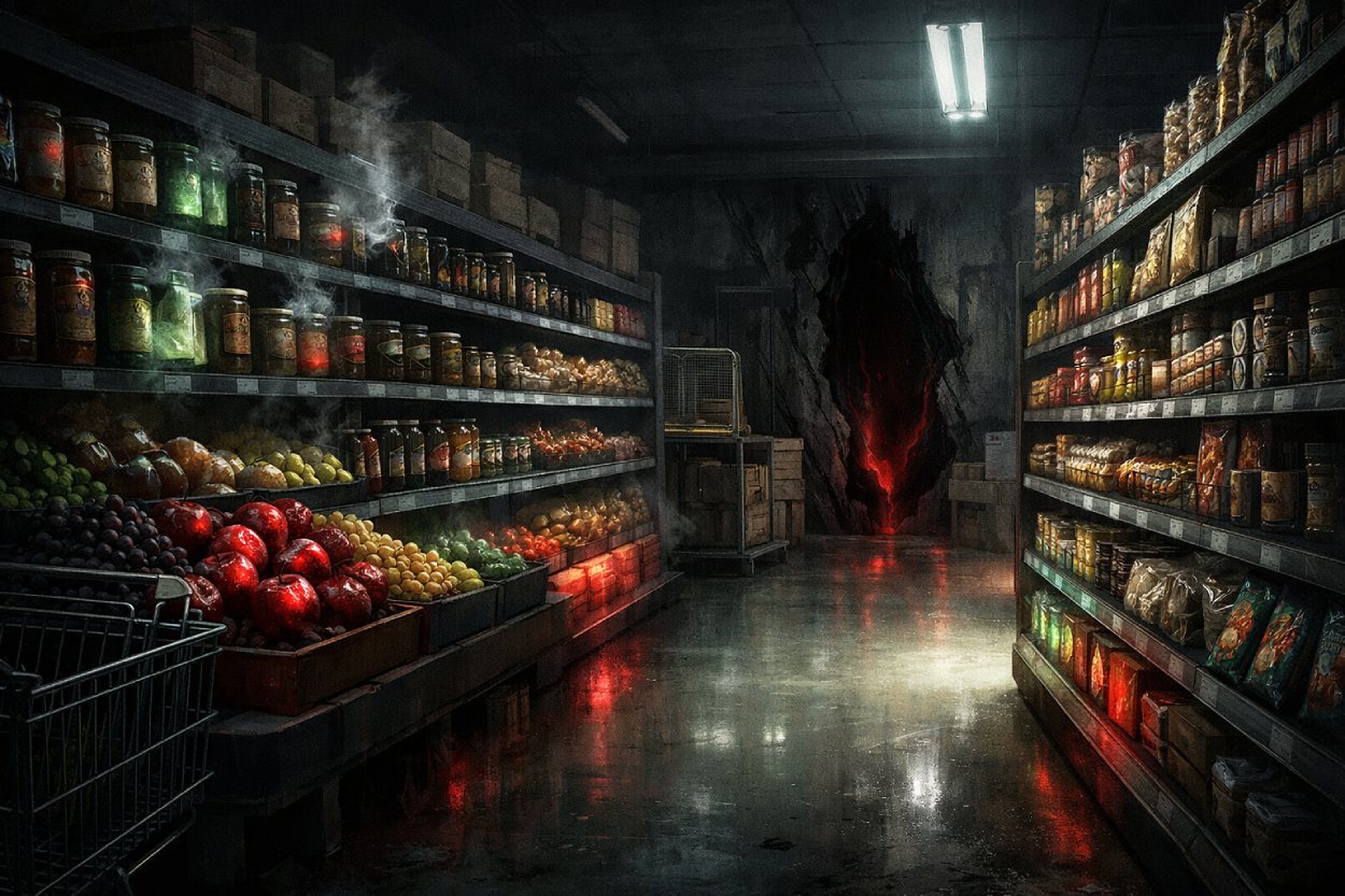 Düsteres Fantasy-Bild eines deutschen Supermarkts mit voll gefüllten Regalen, seltsamen Lebensmitteln und unheimlichem Licht aus einem verborgenen Zwischenreich.